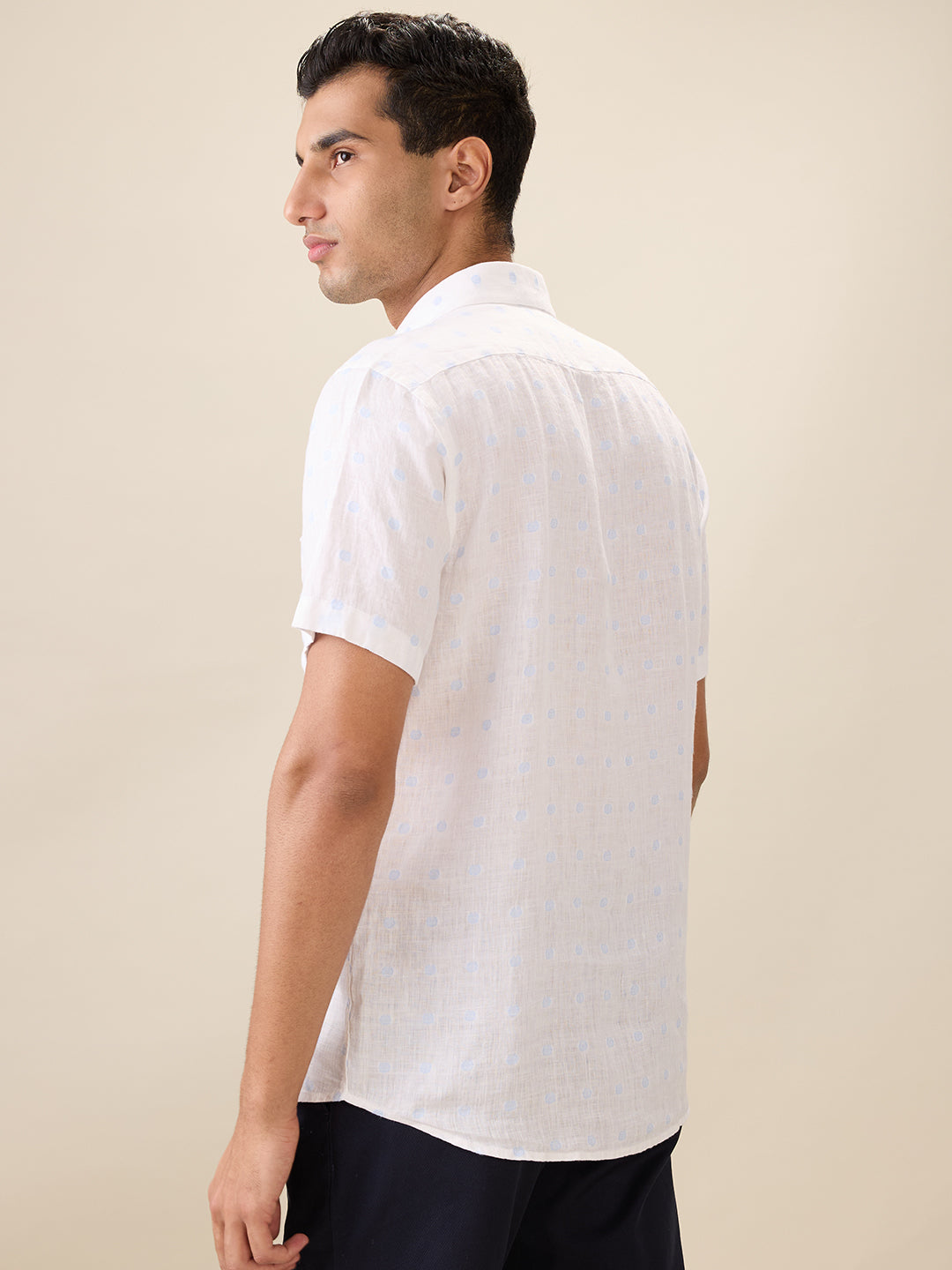 Colorplus Men White Jacquard Regular Fit Linen Blend Half Sleeve Casual Shirt