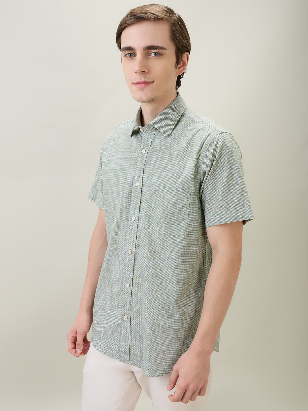 Colorplus Men Green Dobby Regular Fit Cotton Half Sleeve Casual Shirt