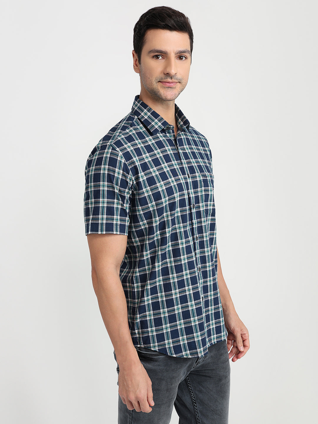 Colorplus Men Blue Checks Regular Fit Cotton Half Sleeve Casual Shirt