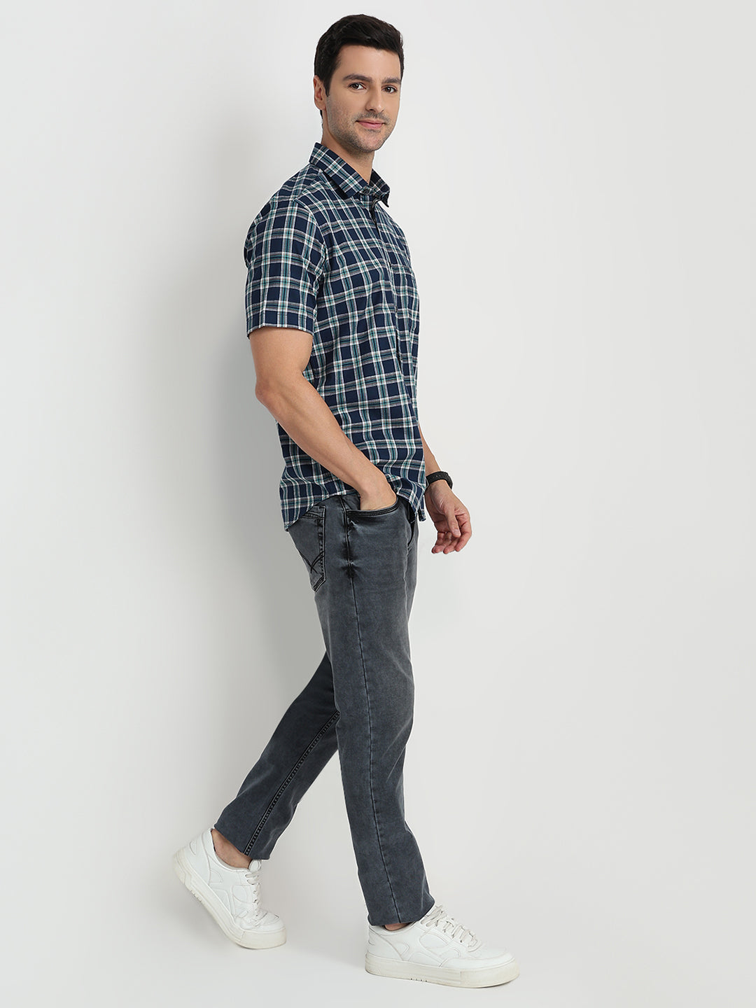 Colorplus Men Blue Checks Regular Fit Cotton Half Sleeve Casual Shirt