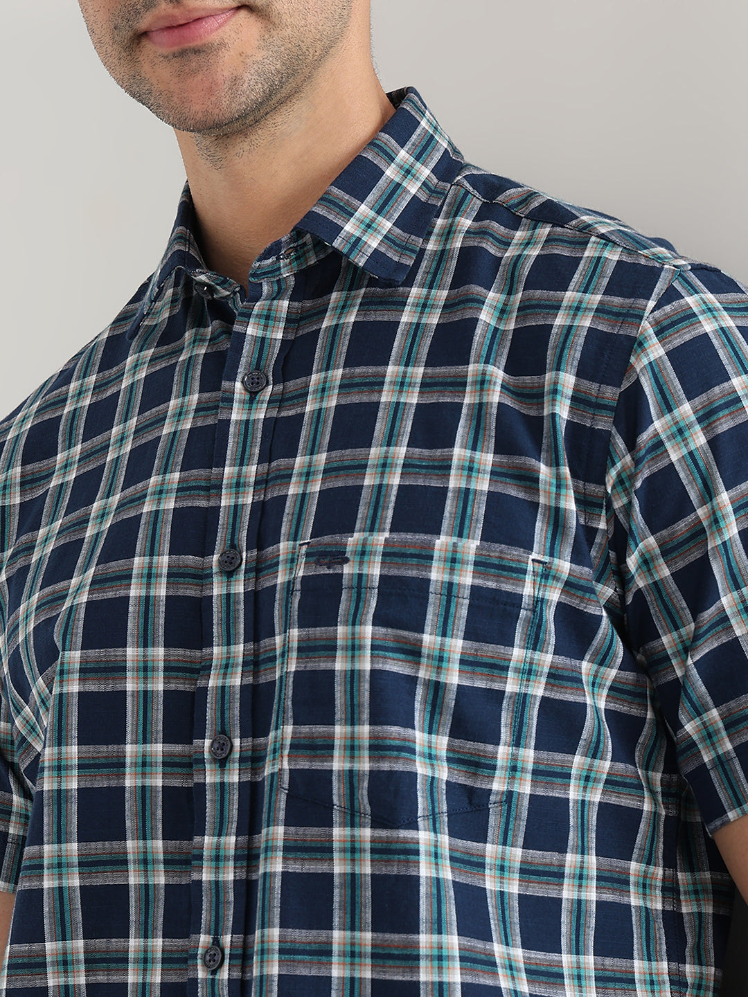 Colorplus Men Blue Checks Regular Fit Cotton Half Sleeve Casual Shirt