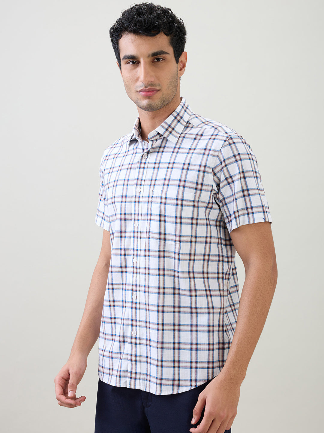 Colorplus Men White Checks Regular Fit Cotton Half Sleeve Casual Shirt