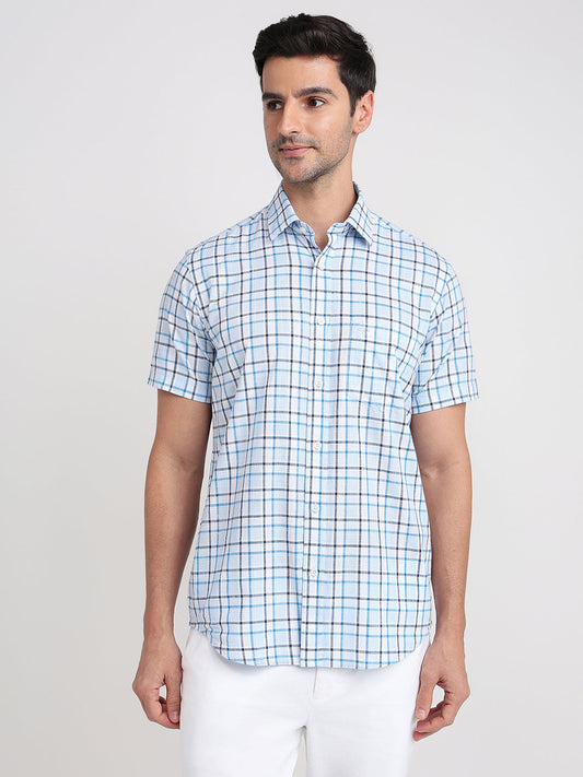 Colorplus Men Blue Checks Regular Fit Cotton Half Sleeve Casual Shirt