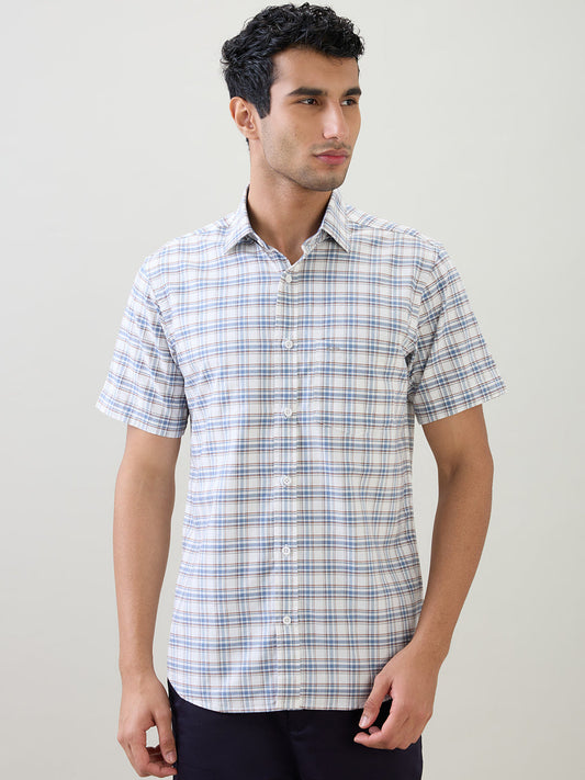 Colorplus Men Blue Checks Regular Fit Cotton Half Sleeve Casual Shirt