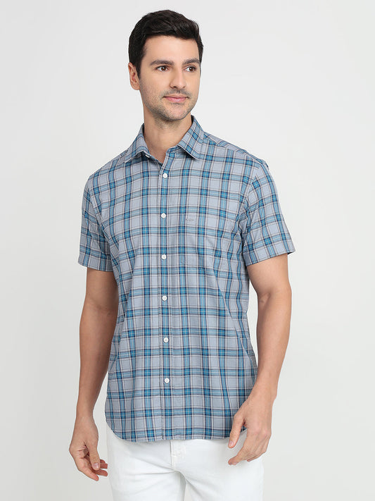 Colorplus Men Blue Checks Regular Fit Cotton Half Sleeve Casual Shirt