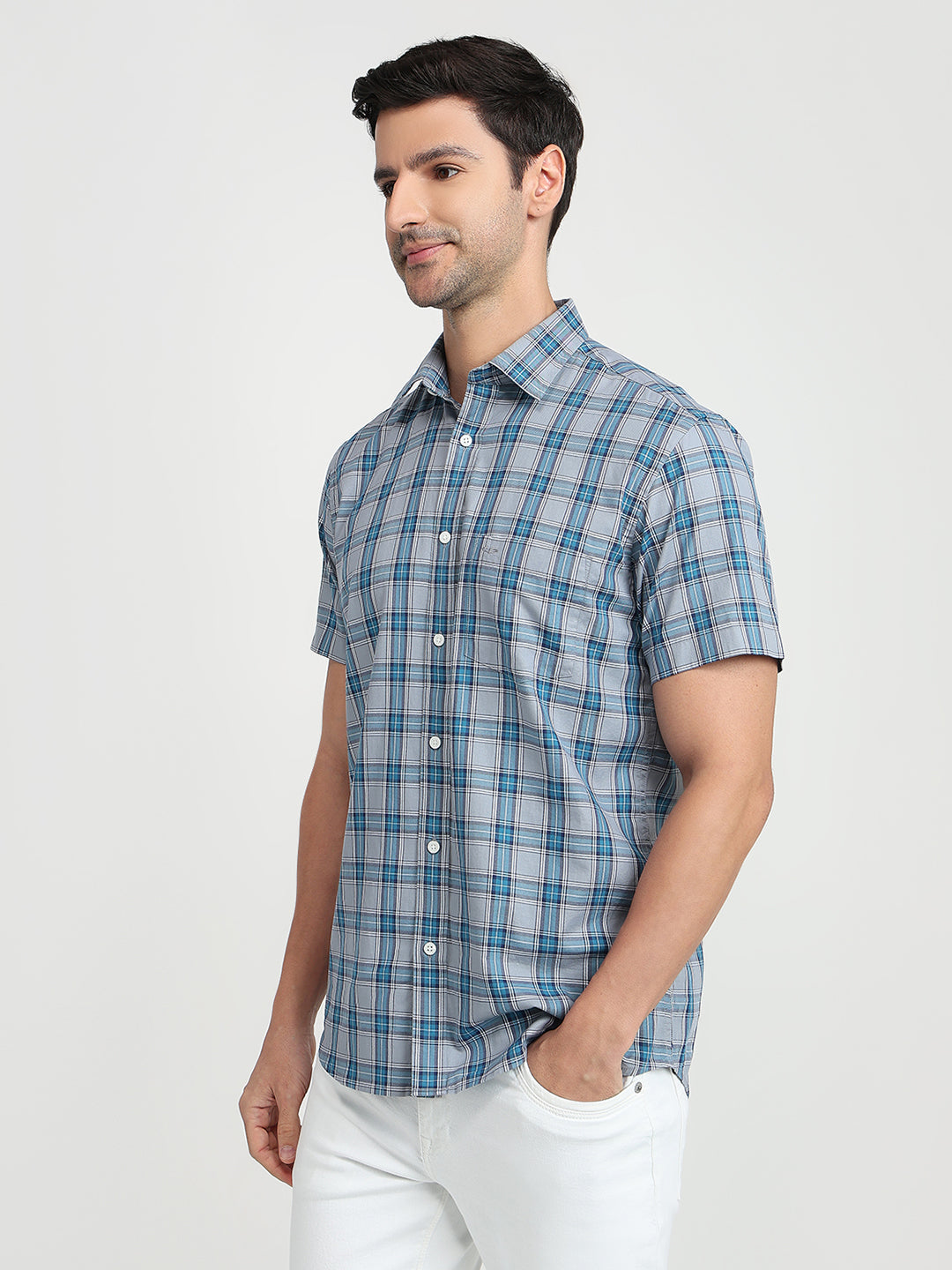 Colorplus Men Blue Checks Regular Fit Cotton Half Sleeve Casual Shirt