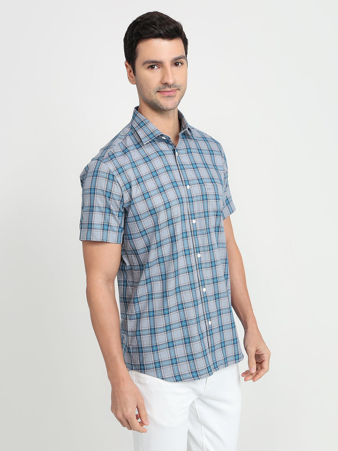 Colorplus Men Blue Checks Regular Fit Cotton Half Sleeve Casual Shirt