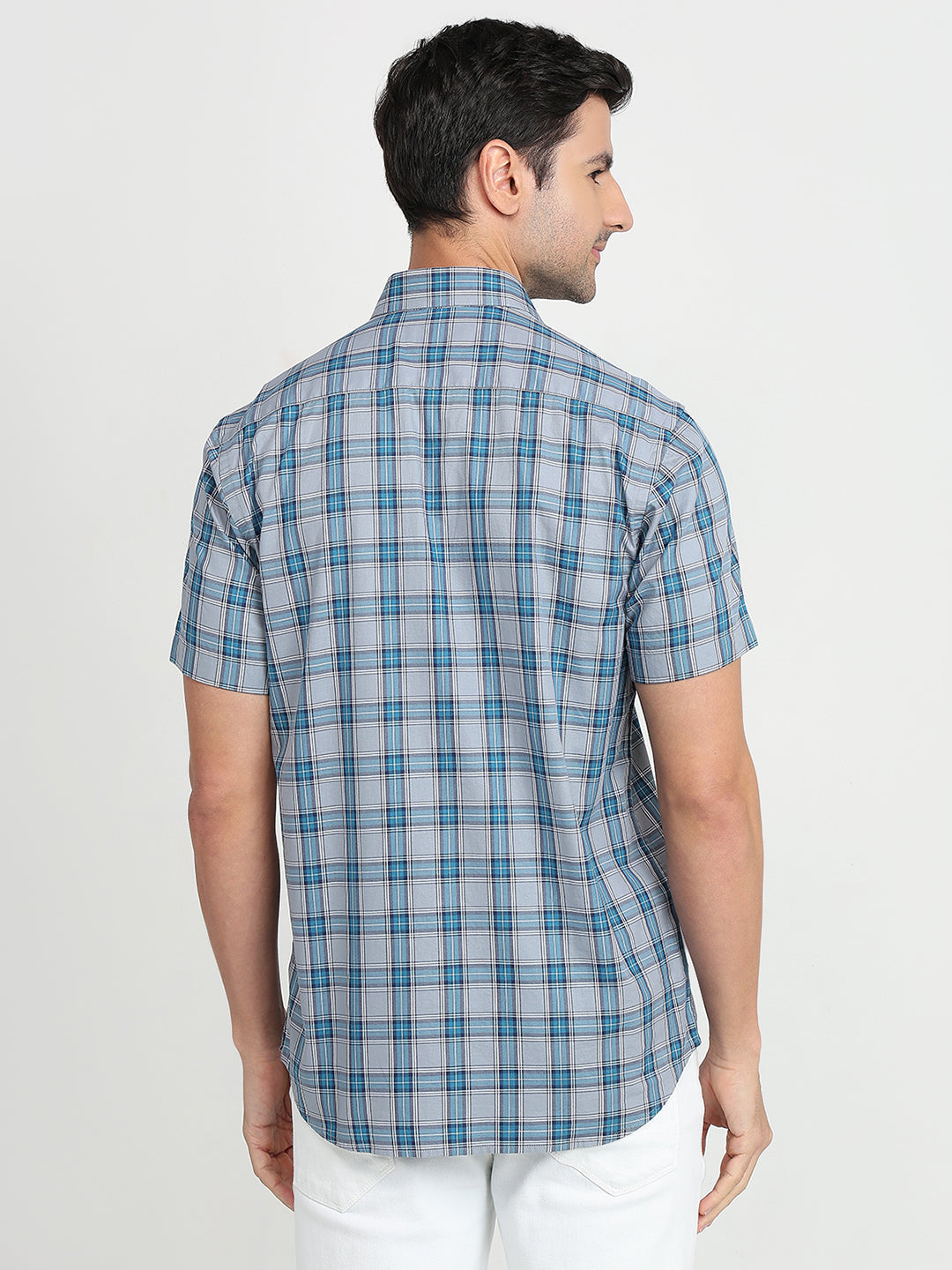 Colorplus Men Blue Checks Regular Fit Cotton Half Sleeve Casual Shirt