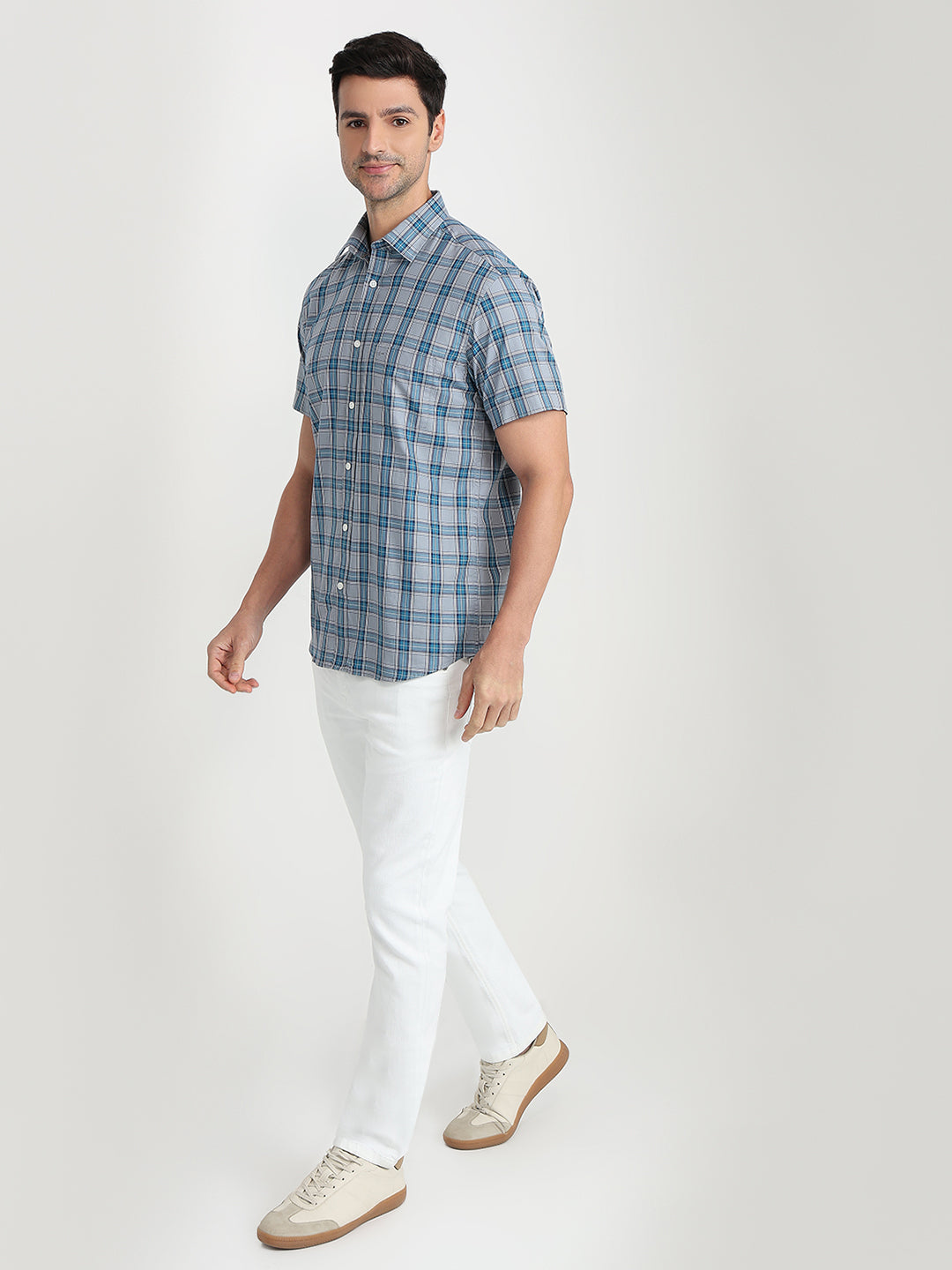 Colorplus Men Blue Checks Regular Fit Cotton Half Sleeve Casual Shirt