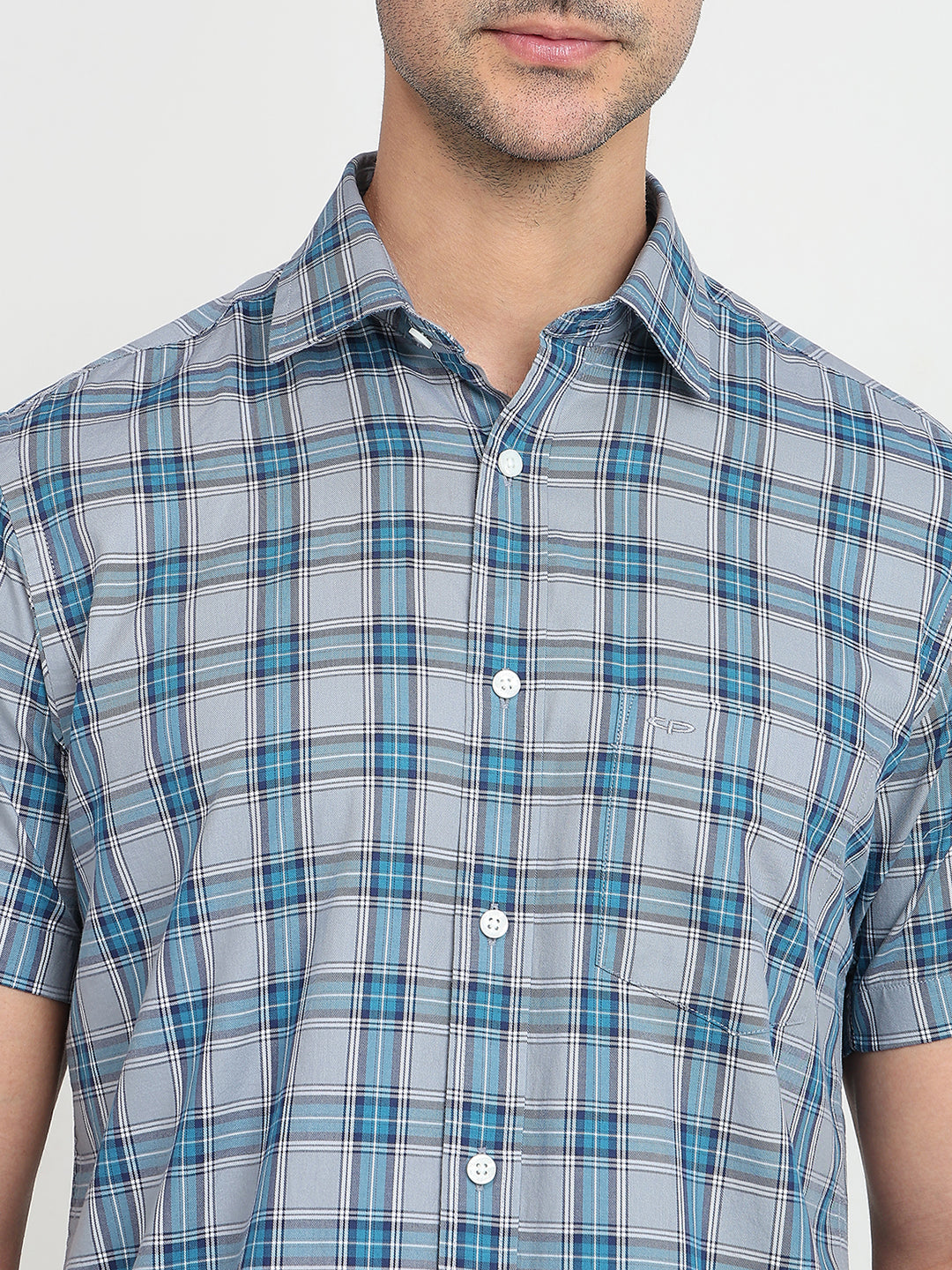 Colorplus Men Blue Checks Regular Fit Cotton Half Sleeve Casual Shirt