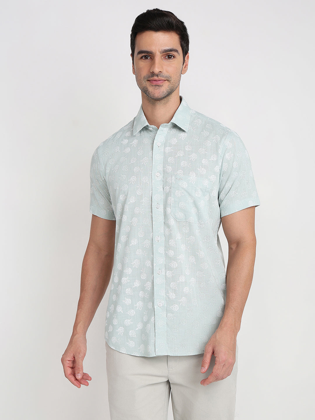 Colorplus Men Green Printed Regular Fit Cotton Half Sleeve Casual Shirt