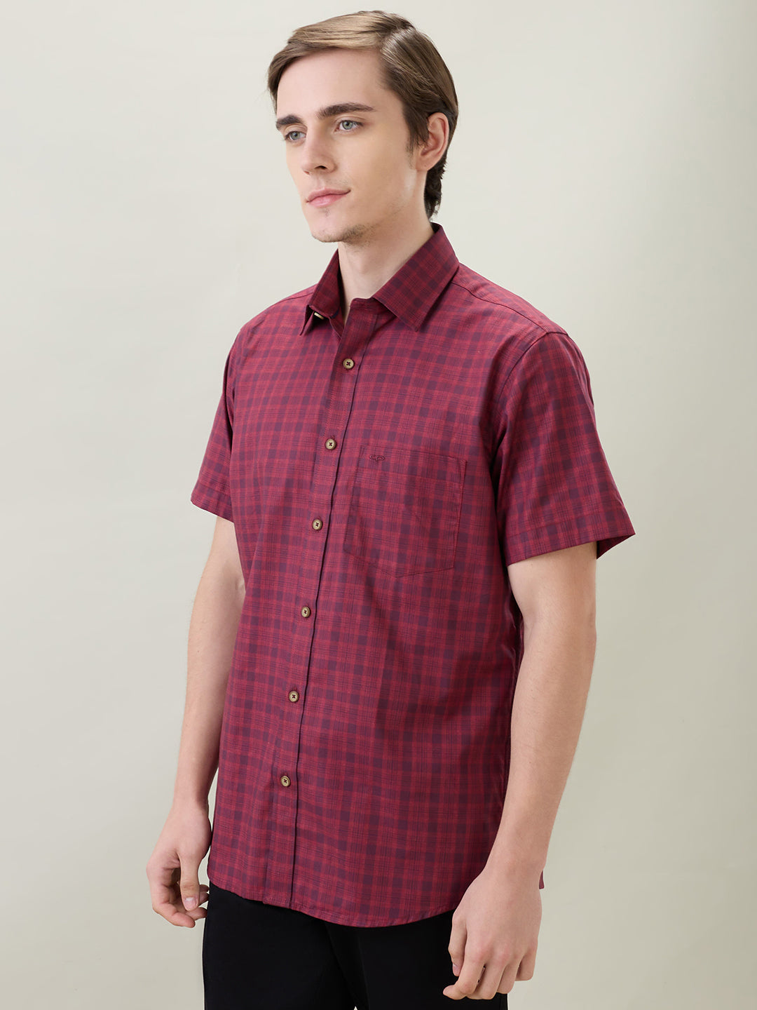 Colorplus Men Maroon Checks Regular Fit Cotton Half Sleeve Casual Shirt