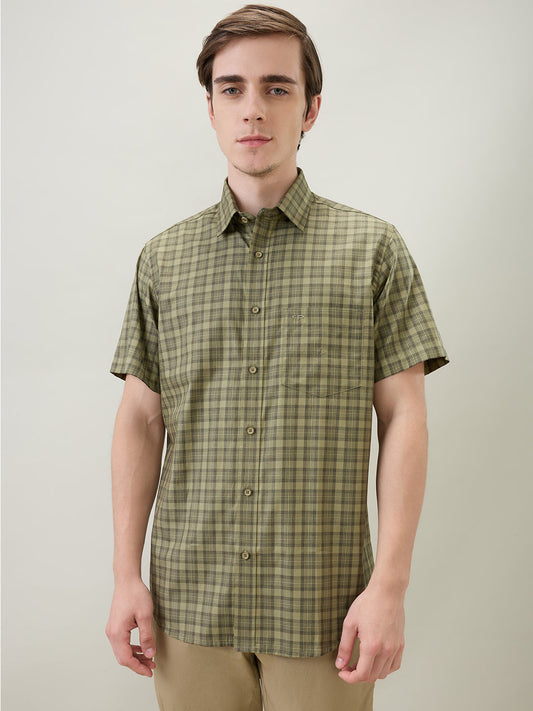 Colorplus Men Green Checks Regular Fit Cotton Half Sleeve Casual Shirt