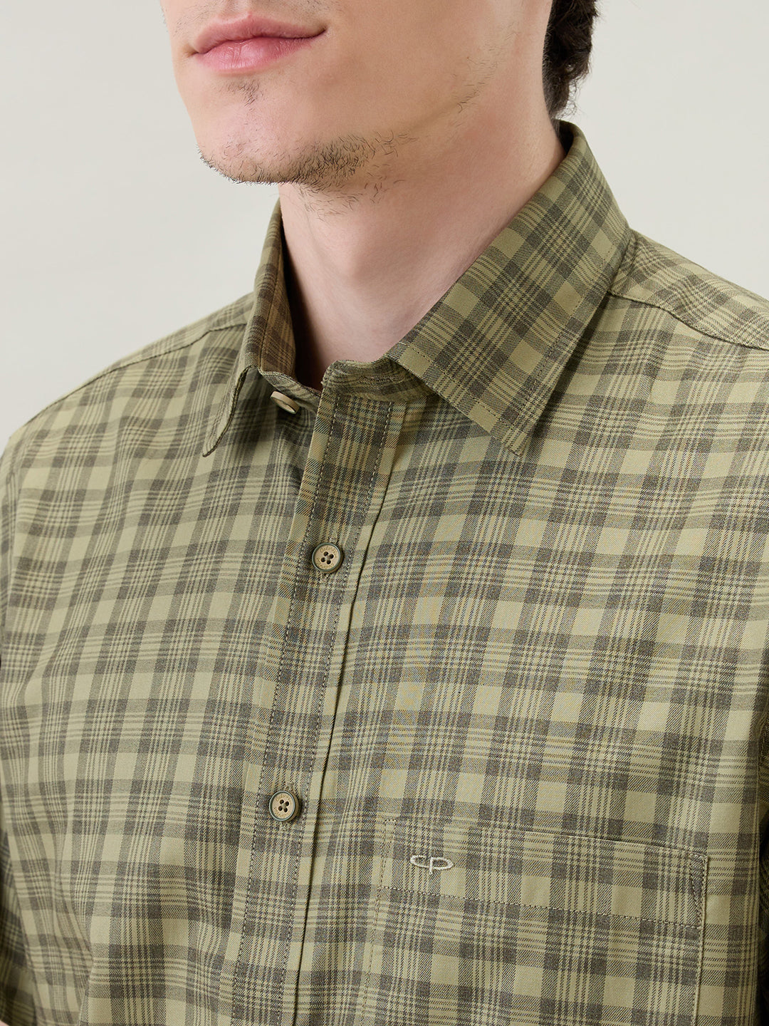 Colorplus Men Green Checks Regular Fit Cotton Half Sleeve Casual Shirt