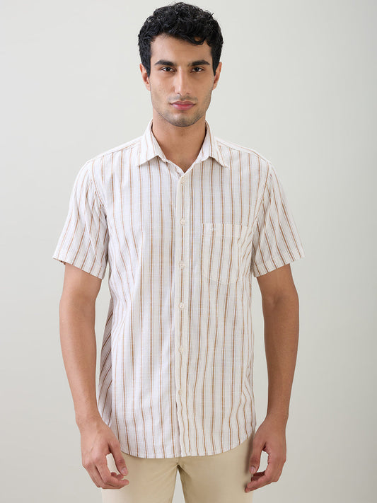 Colorplus Men Brown Stripe Regular Fit Cotton Half Sleeve Casual Shirt