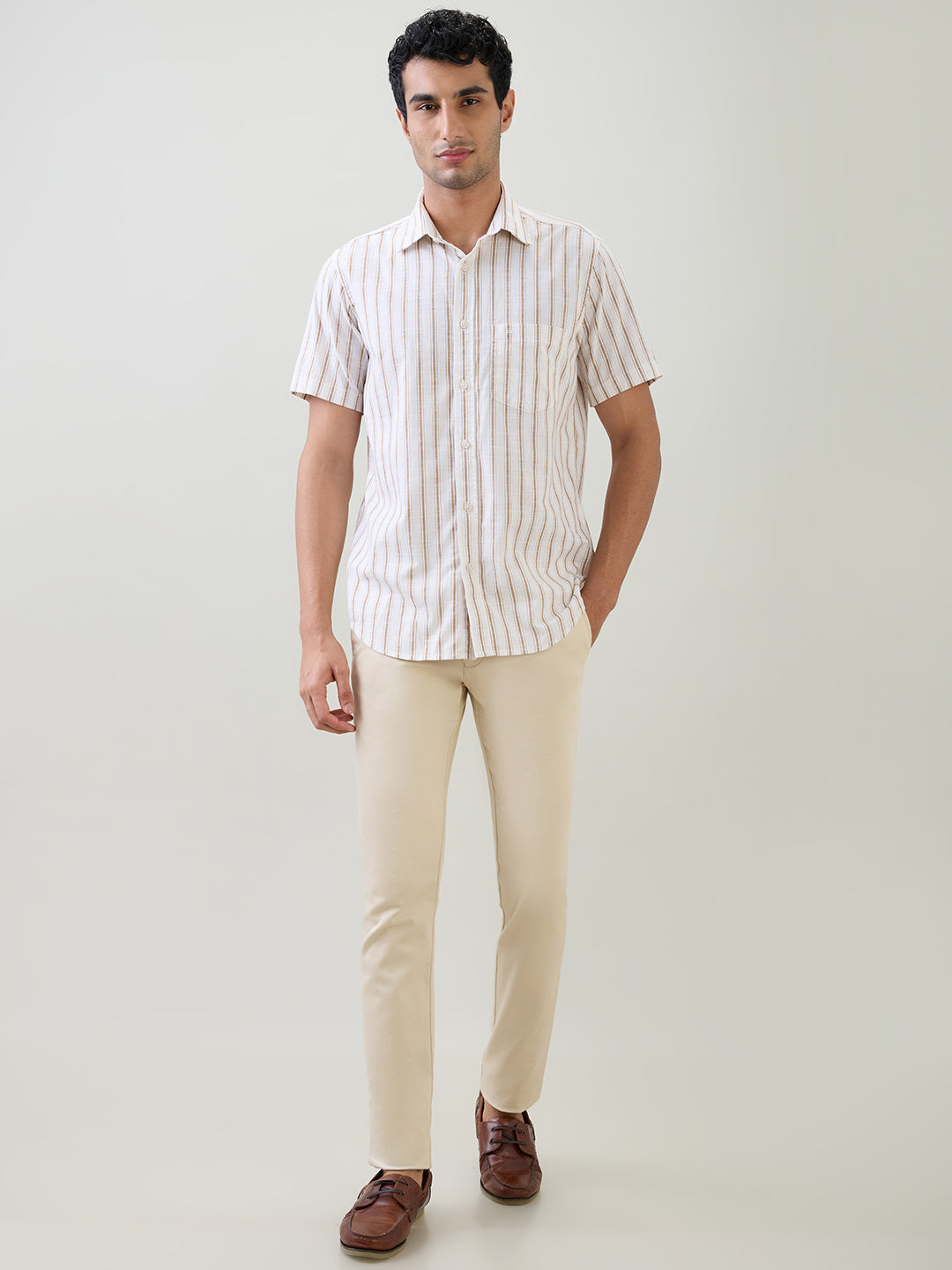 Colorplus Men Brown Stripe Regular Fit Cotton Half Sleeve Casual Shirt