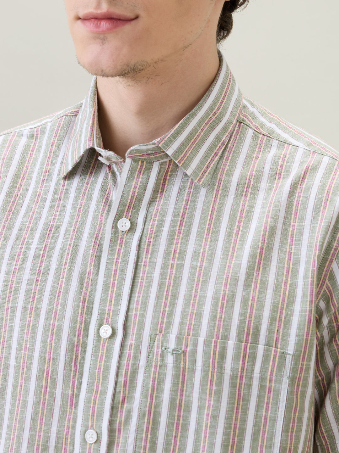 Colorplus Men Green Stripe Regular Fit Cotton Half Sleeve Casual Shirt