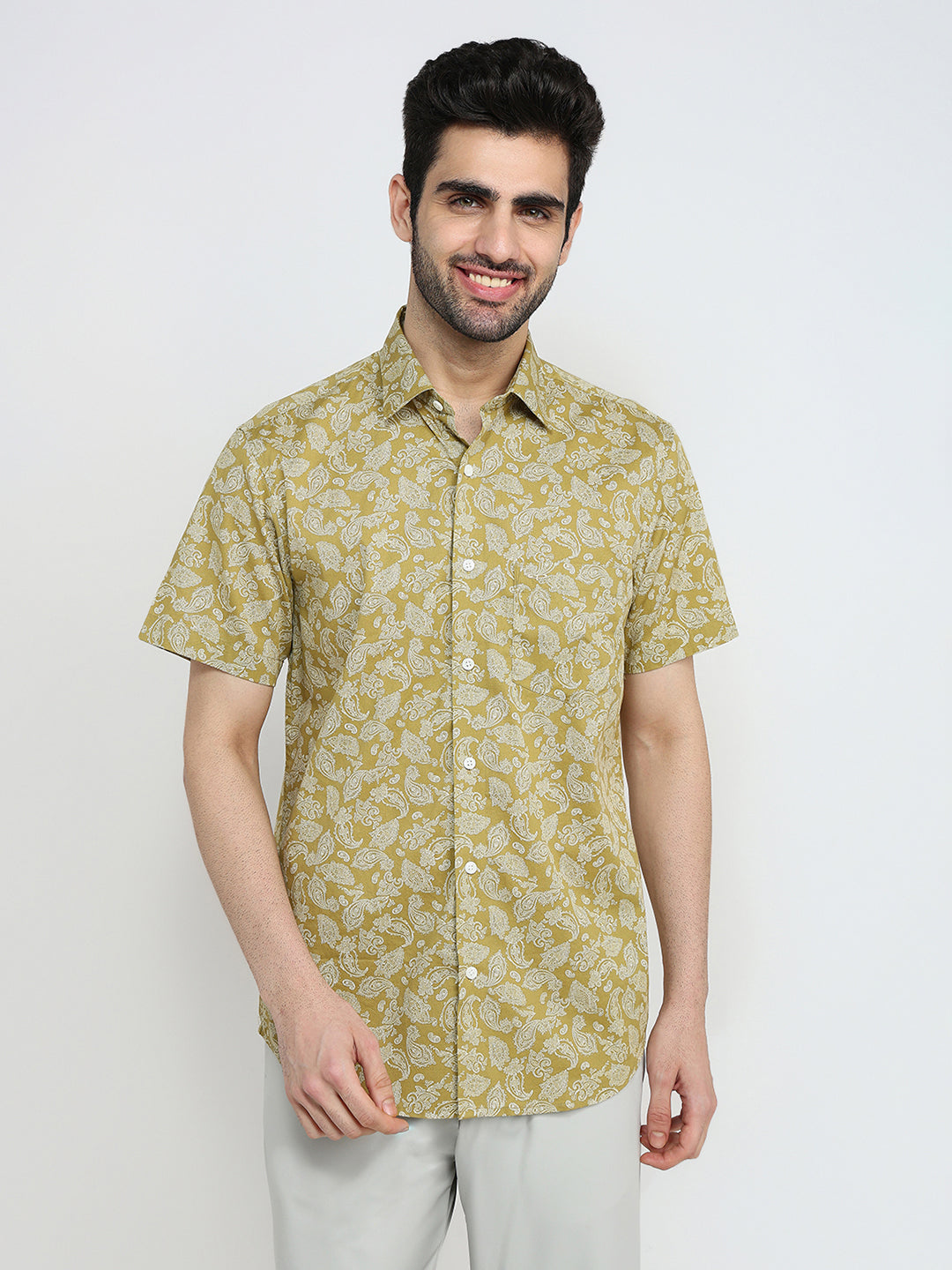 Colorplus Men Green Printed Regular Fit Cotton Half Sleeve Casual Shirt