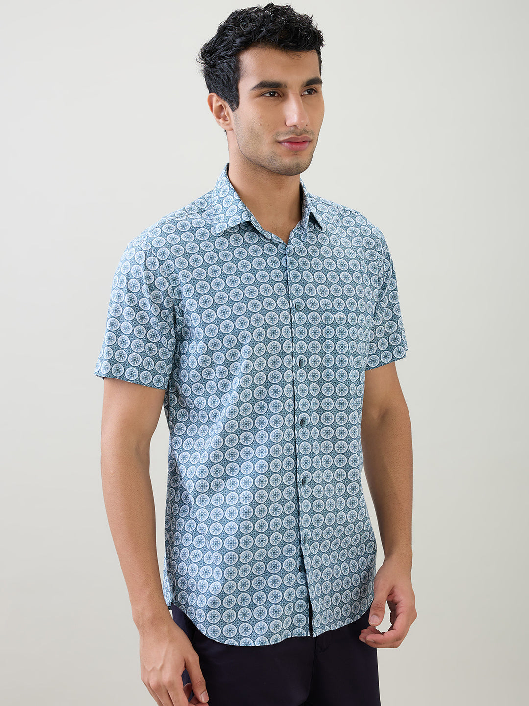 Colorplus Men Blue Printed Regular Fit Cotton Half Sleeve Casual Shirt