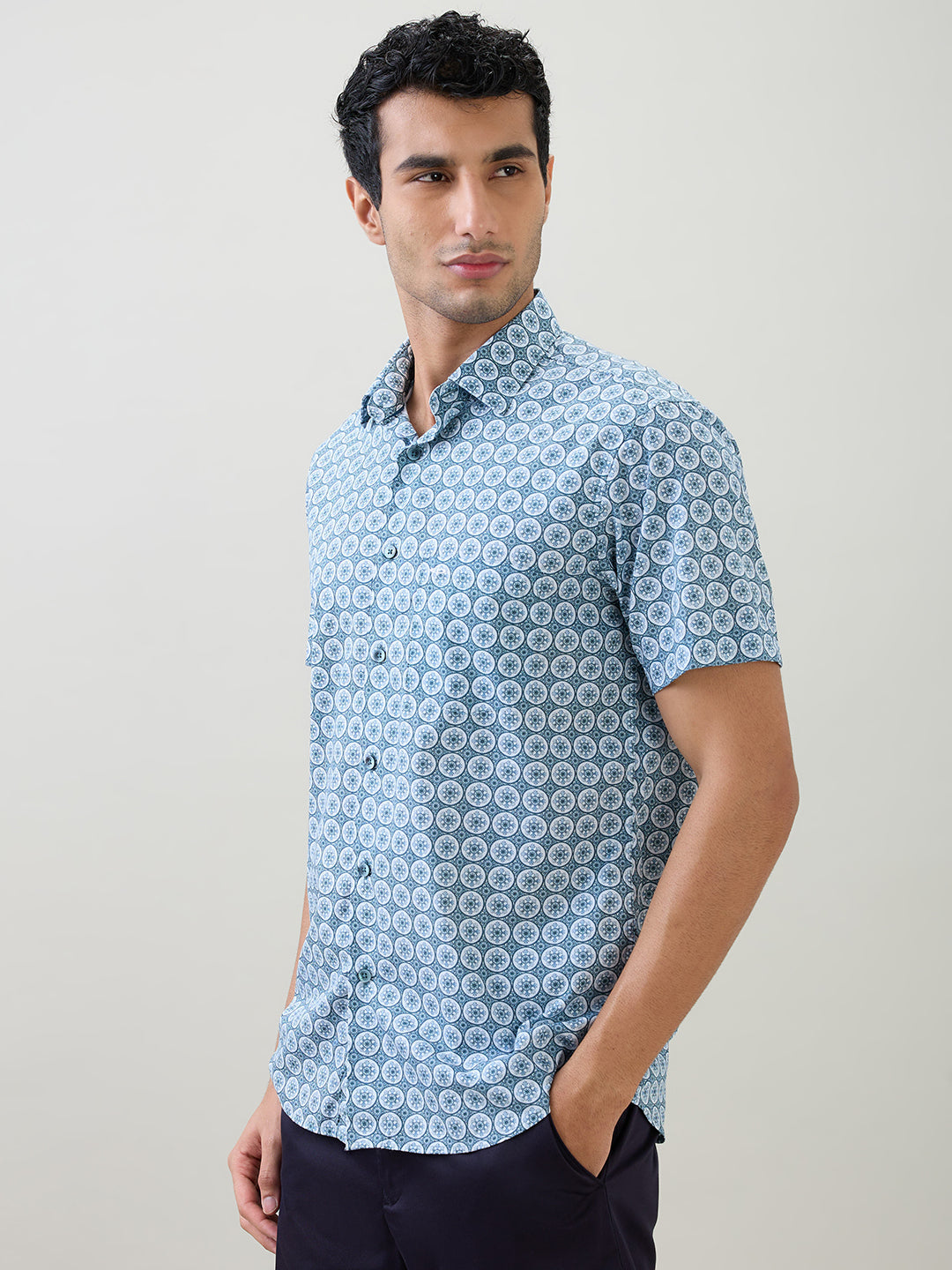 Colorplus Men Blue Printed Regular Fit Cotton Half Sleeve Casual Shirt