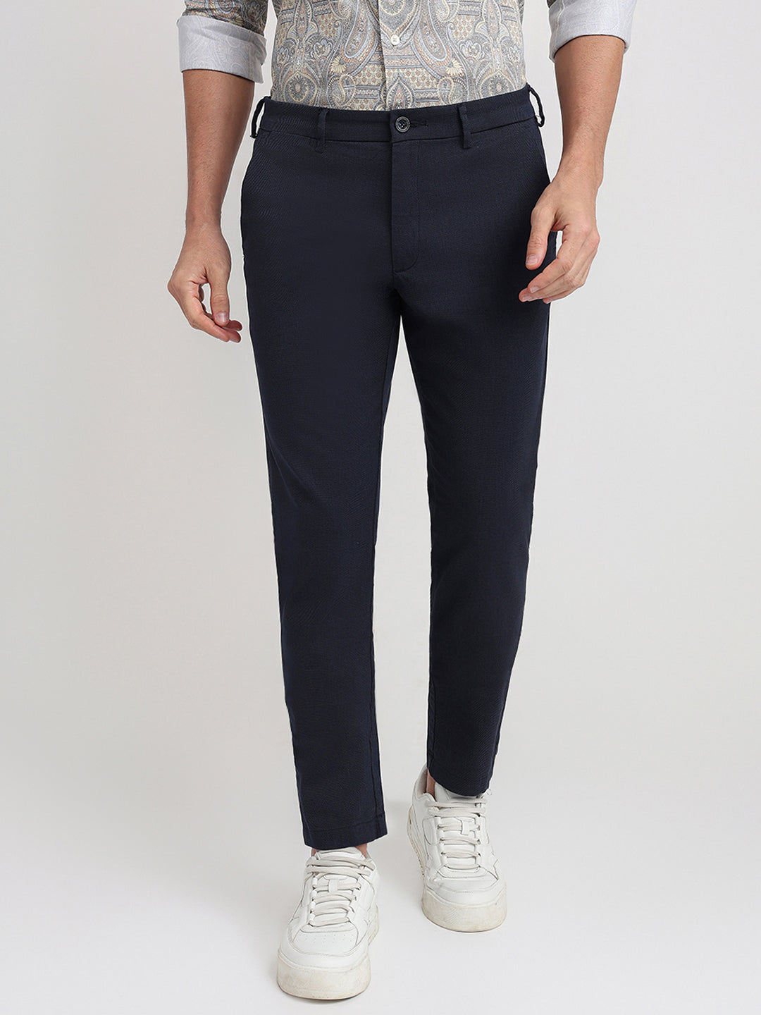 Colorplus Men Blue Dobby Tapered Fit Cotton Blend Trouser