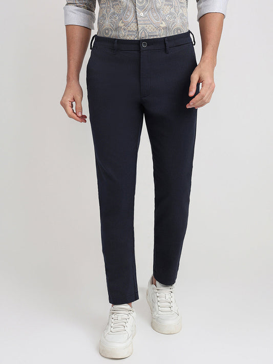 Colorplus Men Blue Dobby Tapered Fit Cotton Blend Trouser