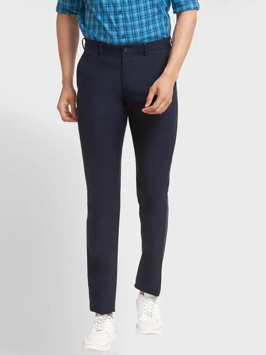 Men Blue Contemporary Fit Solid Piece Dyed Cotton Blend Trouser