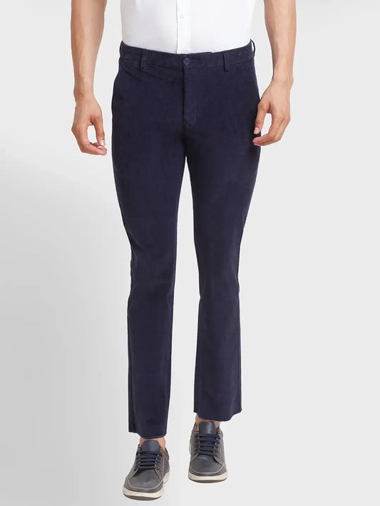 Men Blue Contemporary Fit Solid Piece Dyed Cotton Blend Trouser