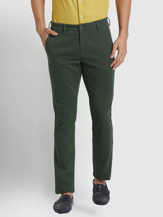 Men Green Slim Fit Solid Piece Dyed Cotton Blend Trouser