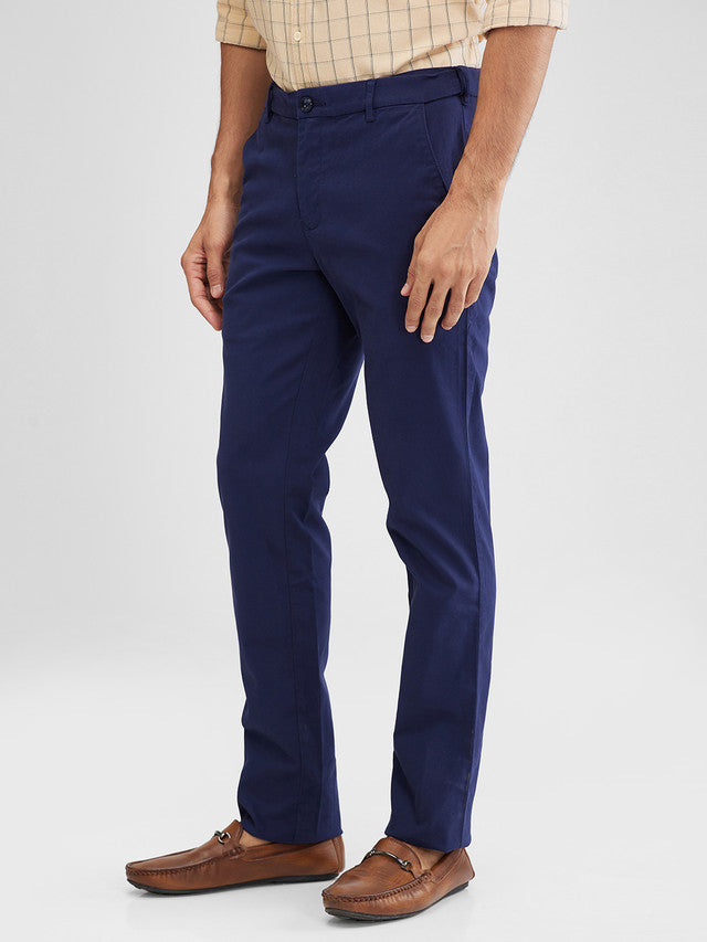 Colorplus Blue Solid Slim Fit Cotton Blend Trouser