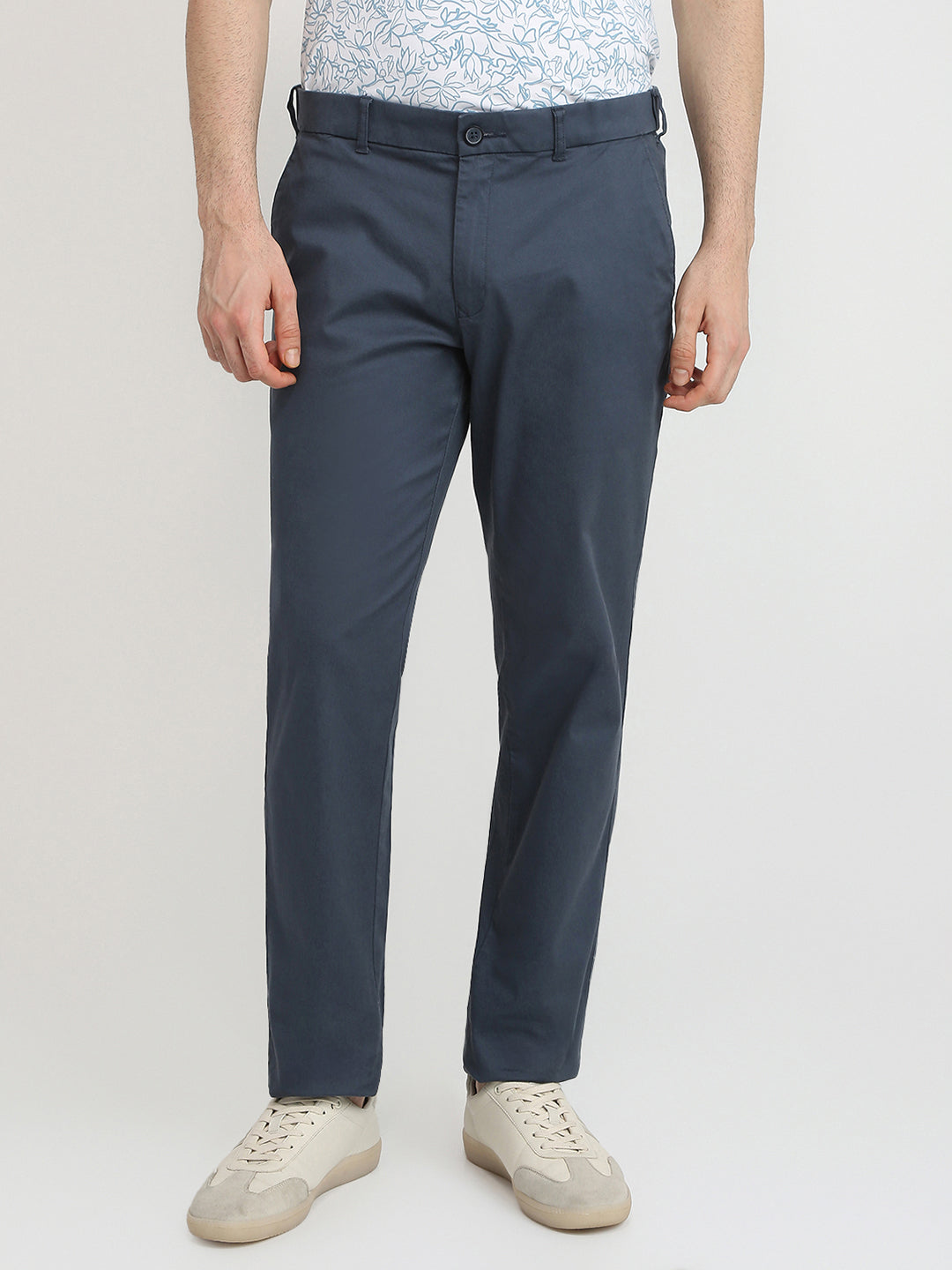 Colorplus Men Blue Dobby Slim Fit Cotton Blend Trouser