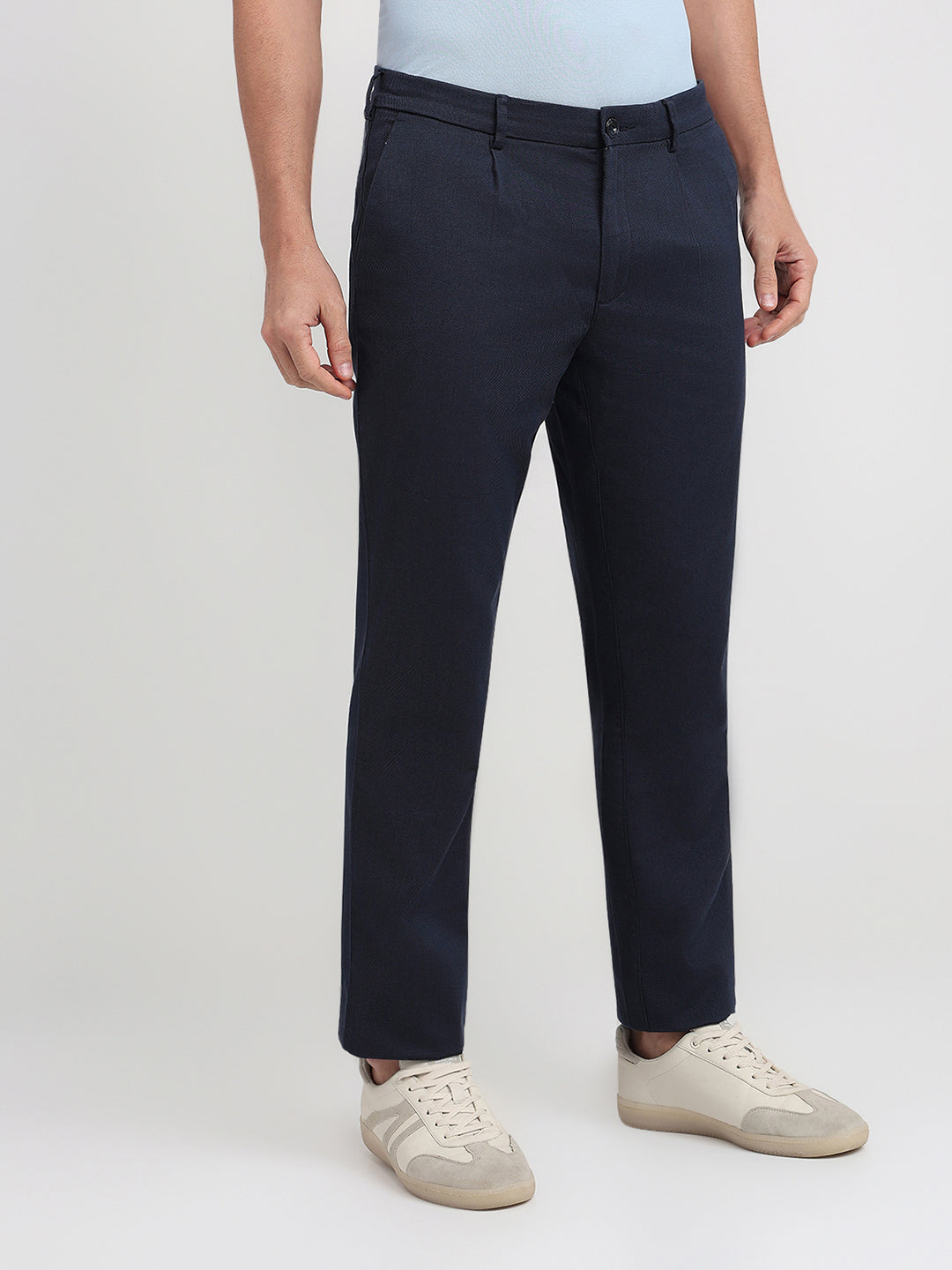 Colorplus Men Blue Dobby Slim Fit Cotton Blend Trouser