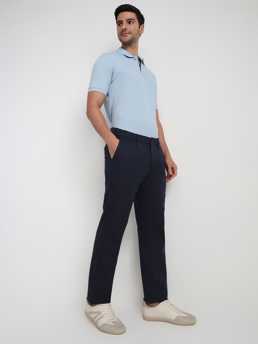 Colorplus Men Blue Dobby Slim Fit Cotton Blend Trouser