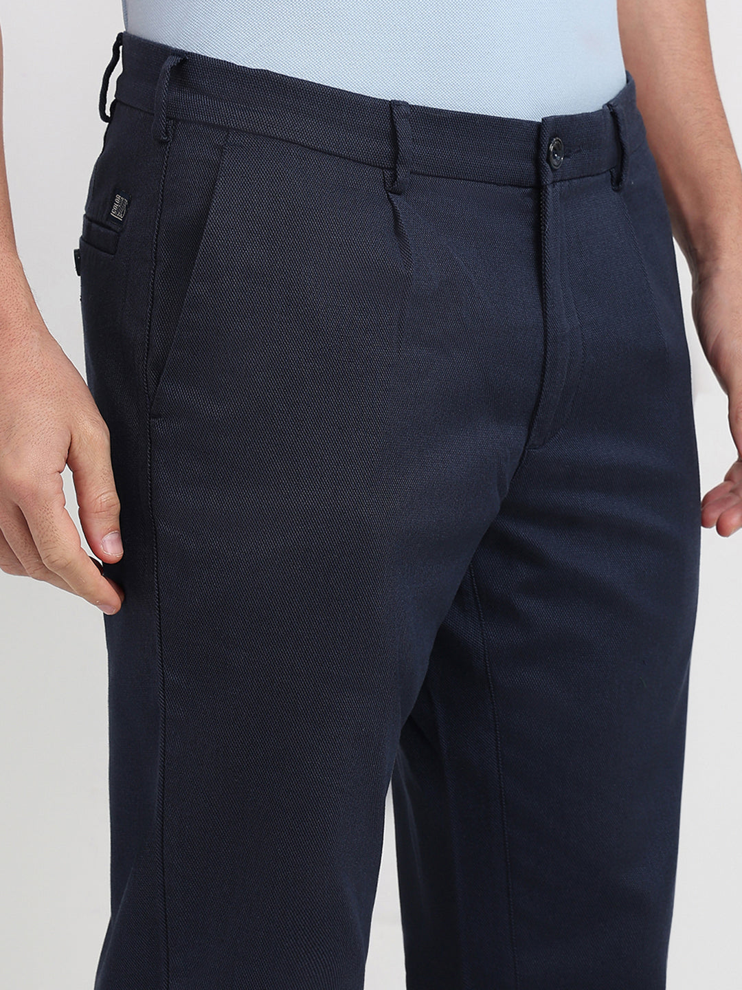 Colorplus Men Blue Dobby Slim Fit Cotton Blend Trouser