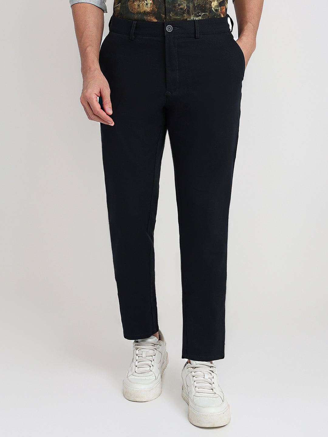 Colorplus Men Blue Dobby Slim Fit Cotton Blend Trouser