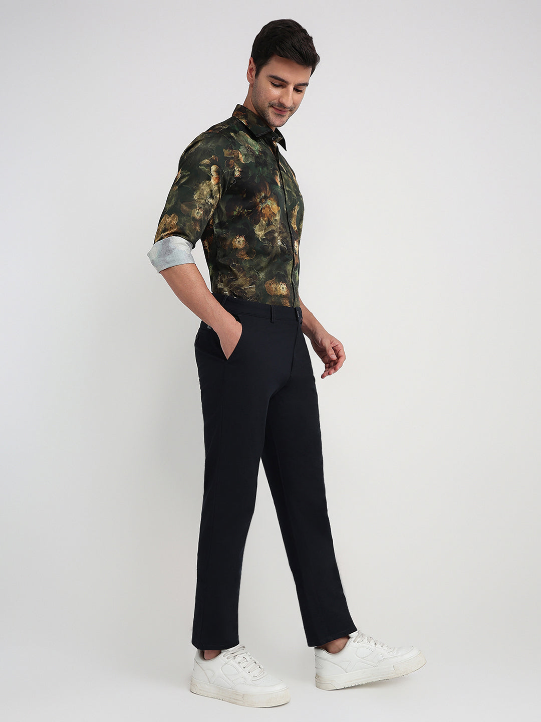 Colorplus Men Blue Dobby Slim Fit Cotton Blend Trouser
