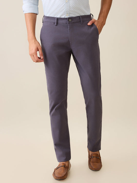 Colorplus Men Grey Solid Piece Dyed Super Slim Fit Flat Front Cotton Blend Trouser