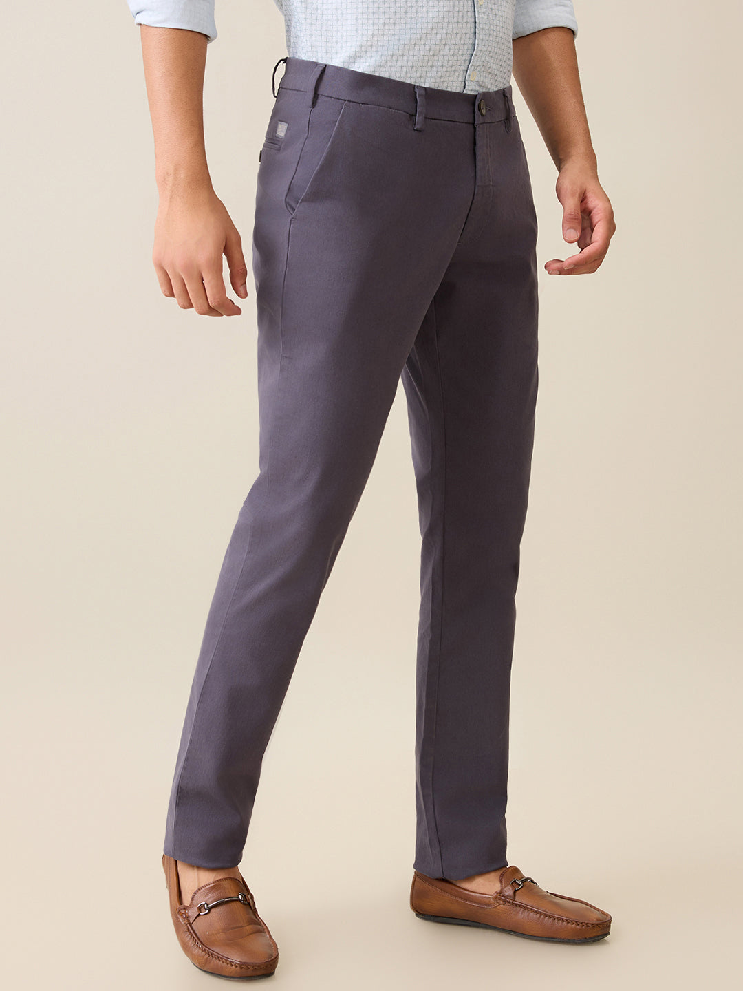 Colorplus Men Grey Solid Piece Dyed Super Slim Fit Flat Front Cotton Blend Trouser