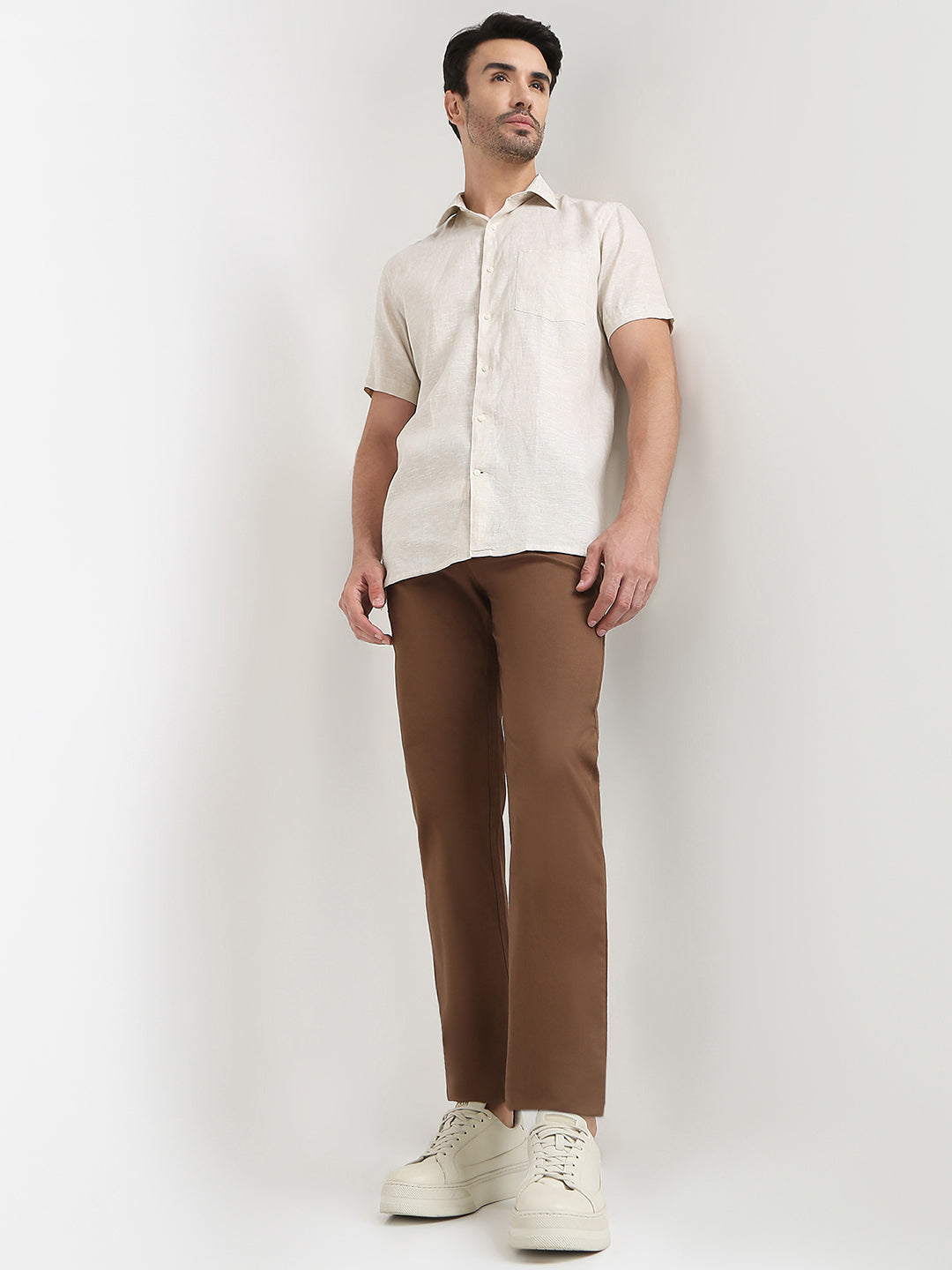 Colorplus Men Brown Dobby Regular Fit Cotton Blend Trouser