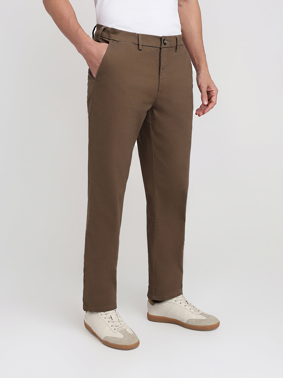 Colorplus Men Brown Twill Regular Fit Cotton Blend Trouser