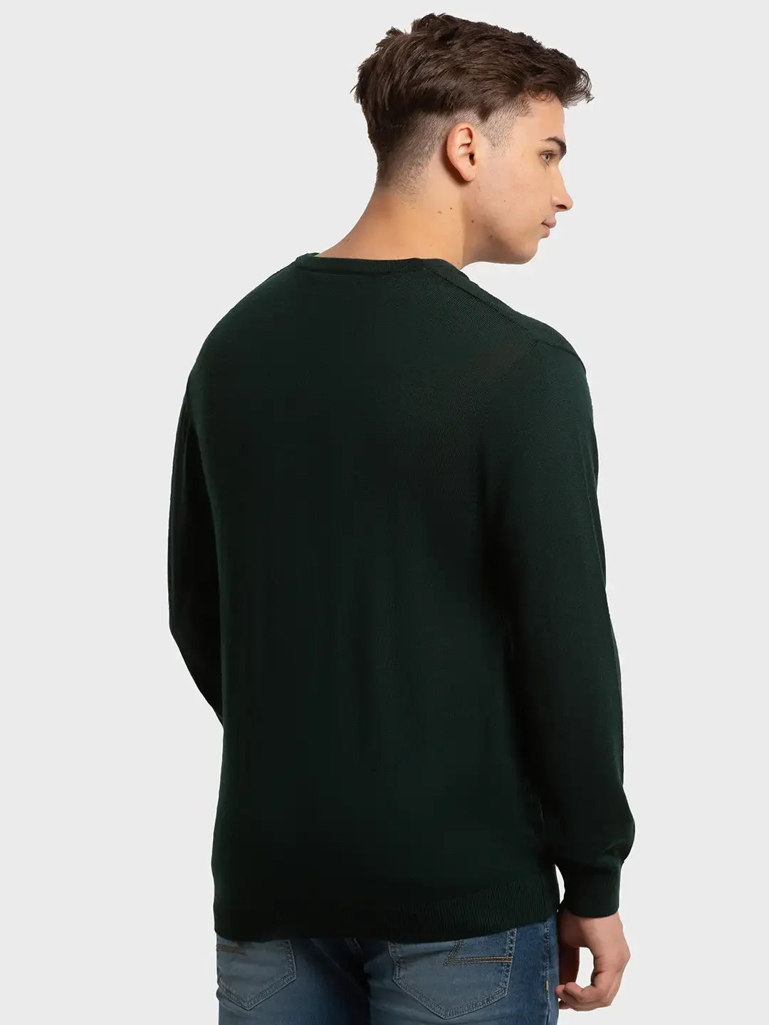 Men Green Tailored Fit Structure Merino Wool Acrylic Blend Full Sleeve V Neck Collar Sweaters