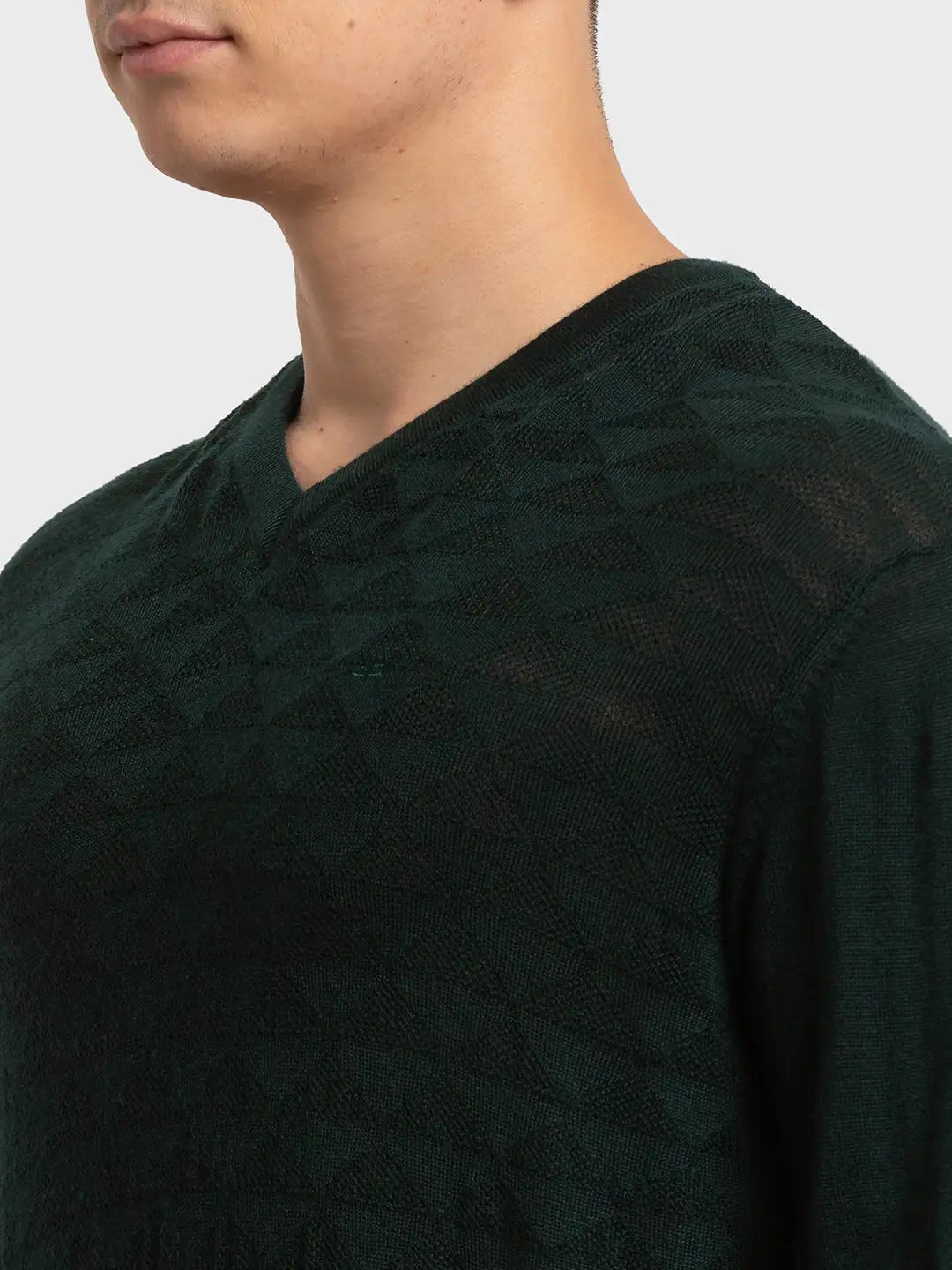 Men Green Tailored Fit Structure Merino Wool Acrylic Blend Full Sleeve V Neck Collar Sweaters