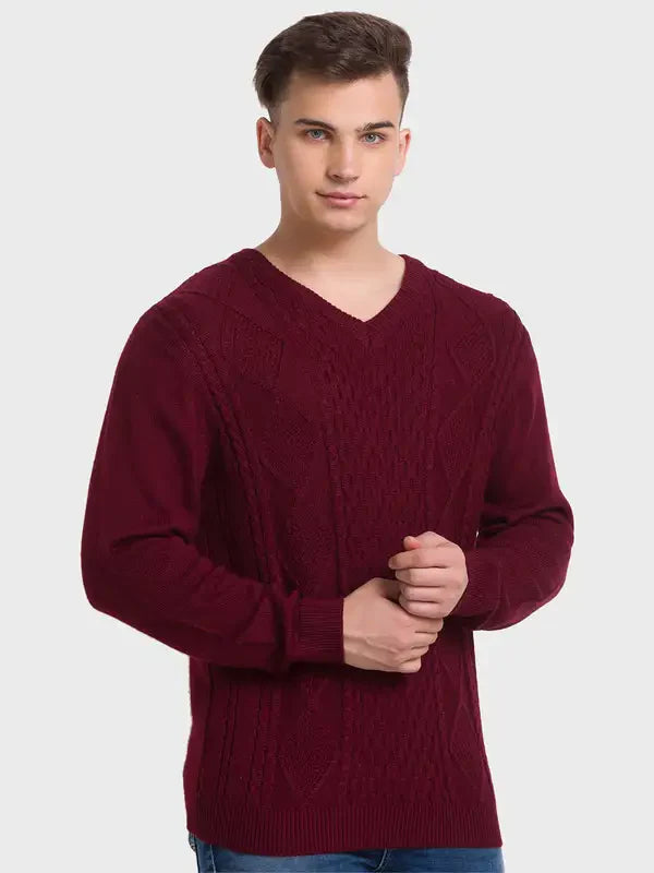 Men Red Tailored Fit Structure Acrylic Merino Blend Full Sleeve V Neck Collar Sweaters