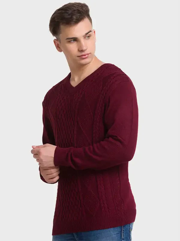 Men Red Tailored Fit Structure Acrylic Merino Blend Full Sleeve V Neck Collar Sweaters