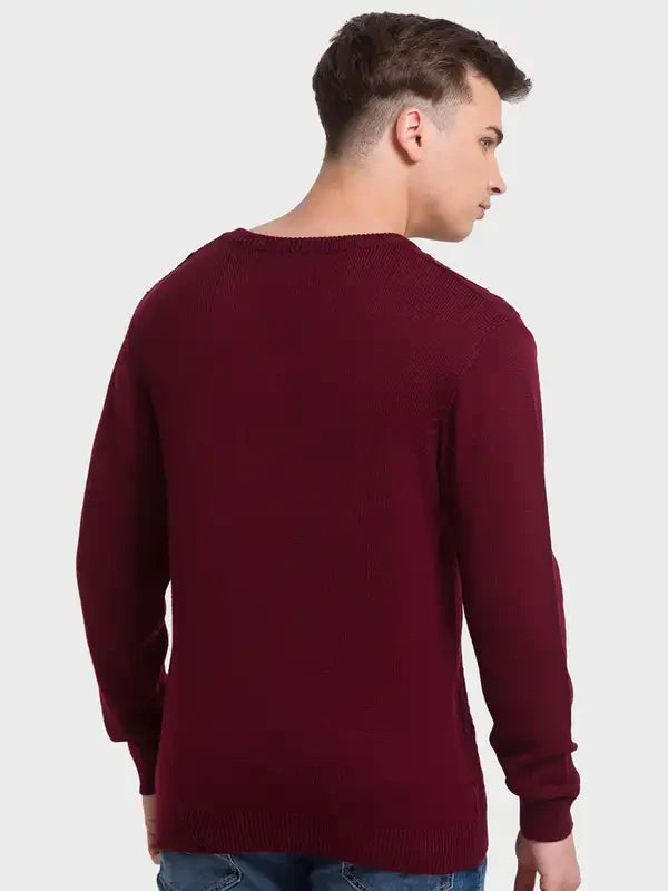 Men Red Tailored Fit Structure Acrylic Merino Blend Full Sleeve V Neck Collar Sweaters
