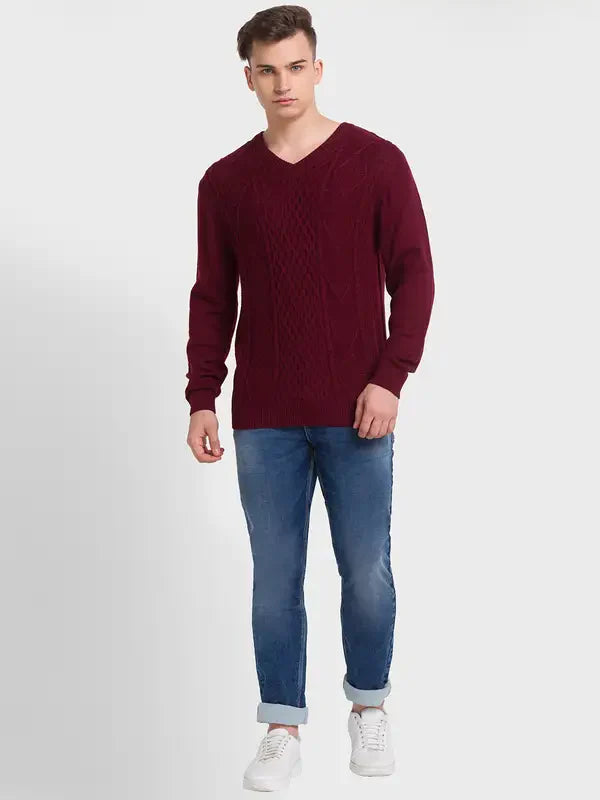 Men Red Tailored Fit Structure Acrylic Merino Blend Full Sleeve V Neck Collar Sweaters