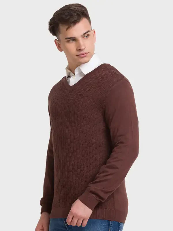 Men Brown Tailored Fit Structure Acrylic Merino Blend Full Sleeve V Neck Collar Sweaters