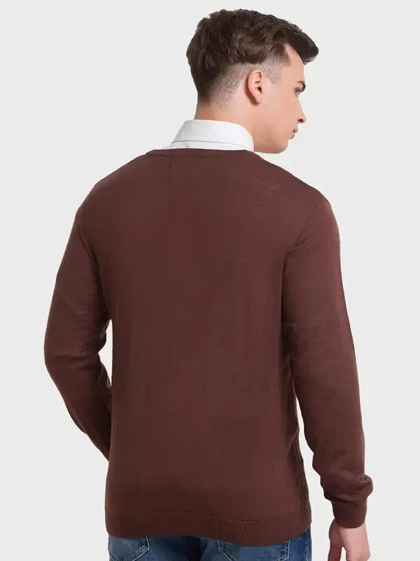 Men Brown Tailored Fit Structure Acrylic Merino Blend Full Sleeve V Neck Collar Sweaters