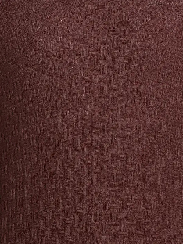 Men Brown Tailored Fit Structure Acrylic Merino Blend Full Sleeve V Neck Collar Sweaters
