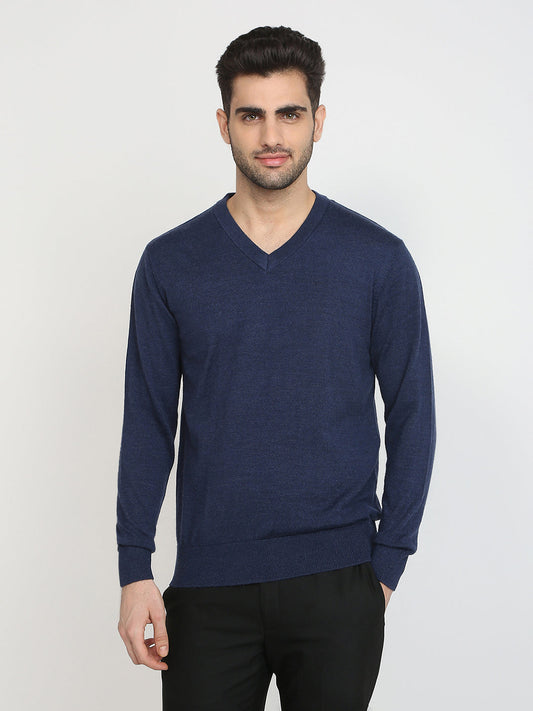 Colorplus Men Blue Solid Regular Fit Wool Blend Full Sleeve V Neck Collar Sweater